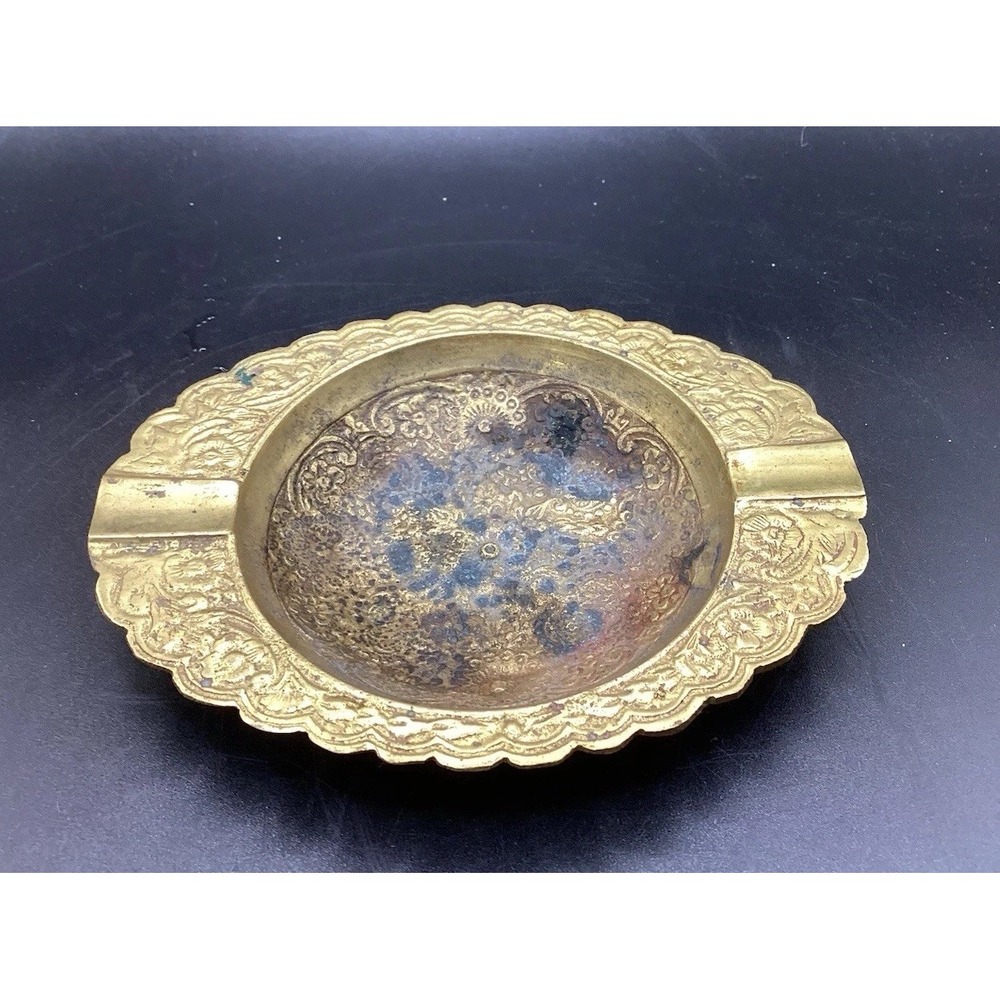 Vintage Oval Brass Ashtray with Floral Design Decorative Collectible Decor